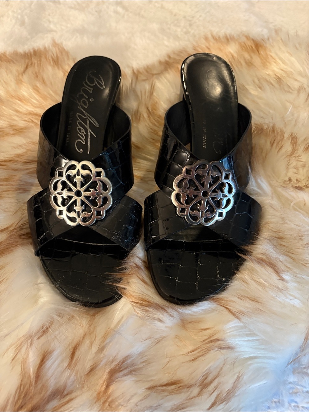 Brighton Black Croc-Embossed Slide Mules with Silver Floral Medallions